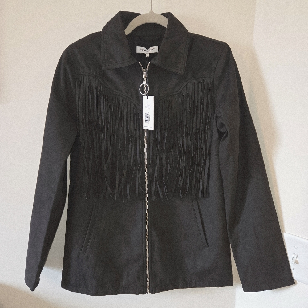 WeWoreWhat Faux Suede Black Fringe Jacket Zip Front Size XS NWT
